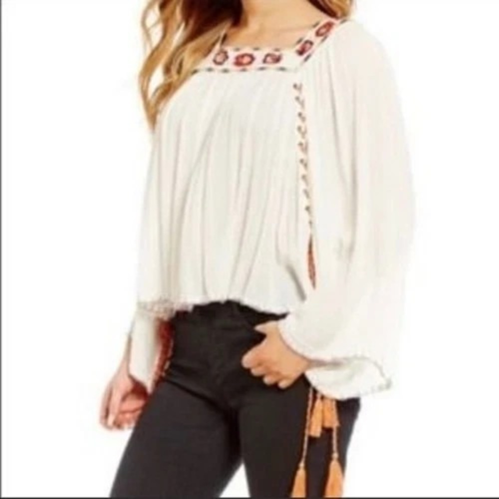 Ban‎ Jara Size Small White with Embroidery Braided Tassels Multi Colored Blouse